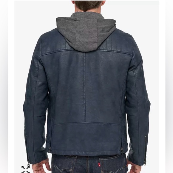 Men's Blue Faux Leather Jacket with Hood - Picture 2 of 12